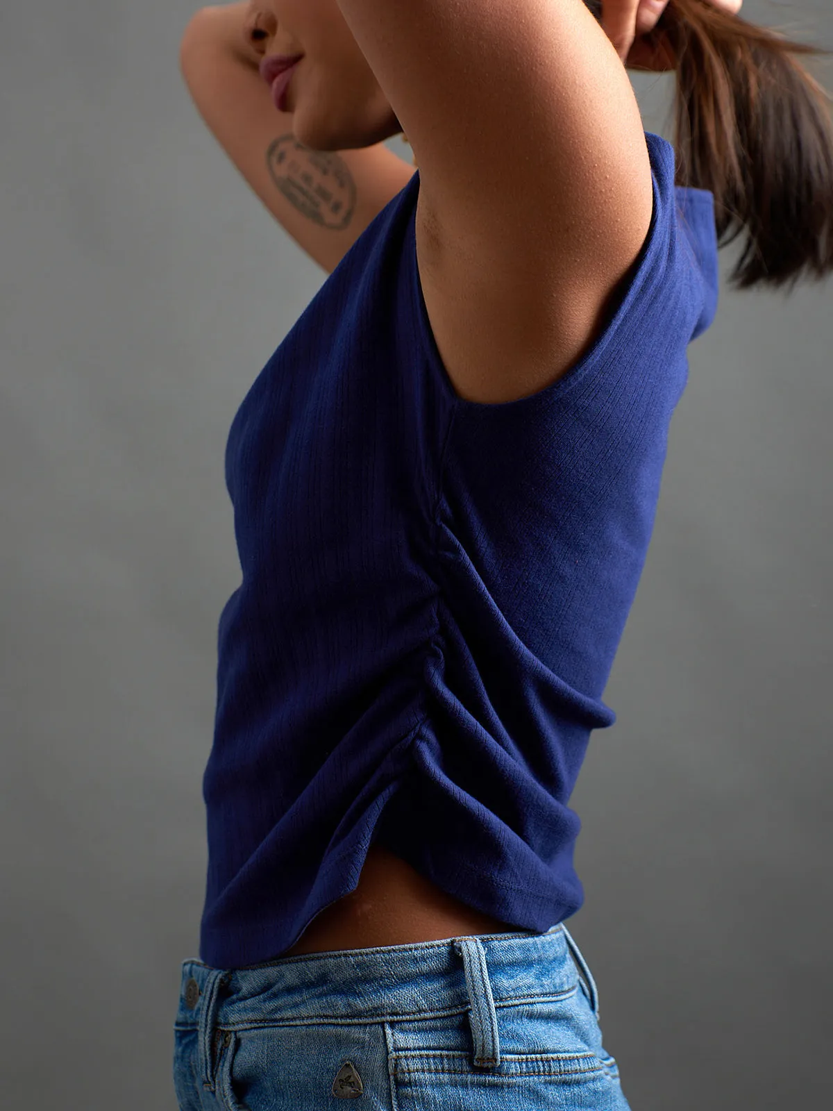 Ruched Top - Navy Rib Knit sold by Mata Traders product image thumbnail 3