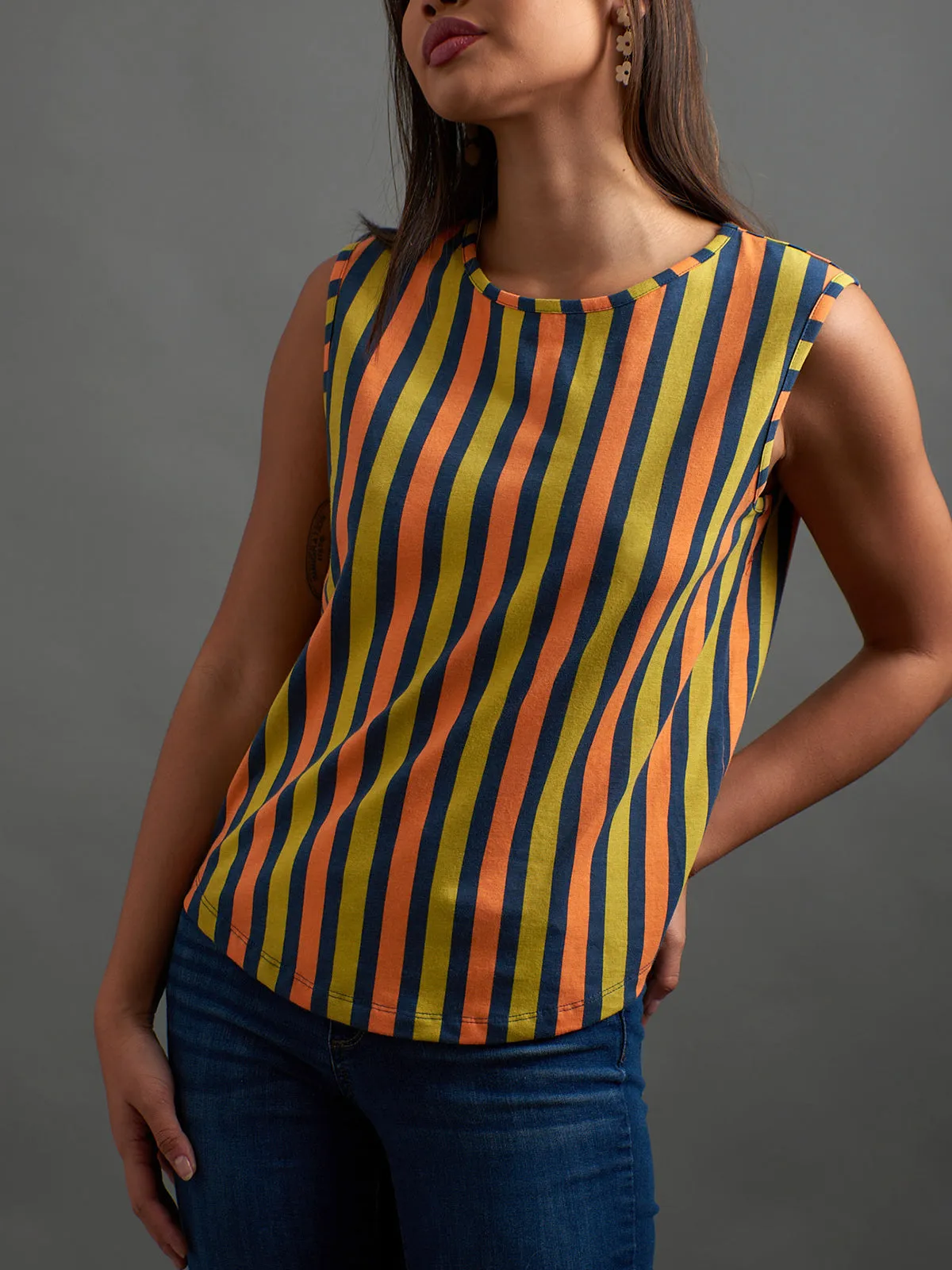 Millie Muscle Tee - Navy Chartreuse Stripe sold by Mata Traders product image thumbnail 2