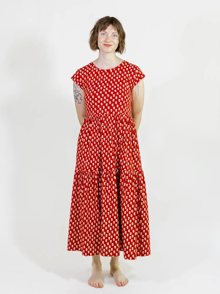 Tiered Jersey Dress - Micro Floral Red sold by Mata Traders