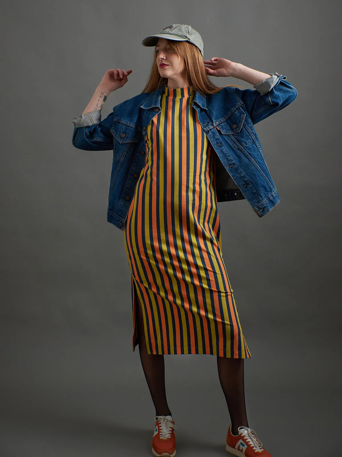 Maggie Mock Neck Dress - Navy Chartreuse Stripe sold by Mata Traders