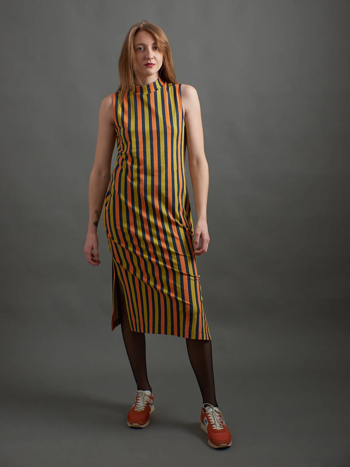 Maggie Mock Neck Dress - Navy Chartreuse Stripe sold by Mata Traders product image thumbnail 3