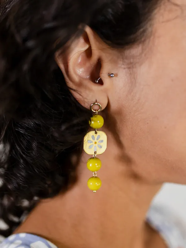 Painted Daisy Dangle Earrings - Chartreuse made by Mata Traders