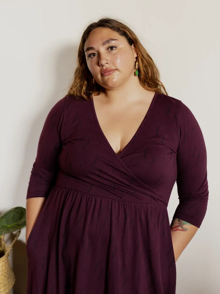 Callie 3/4 Sleeve Plus Size Wrap Dress - Diamond Vine Dark Purple sold by Mata Traders product image thumbnail 4
