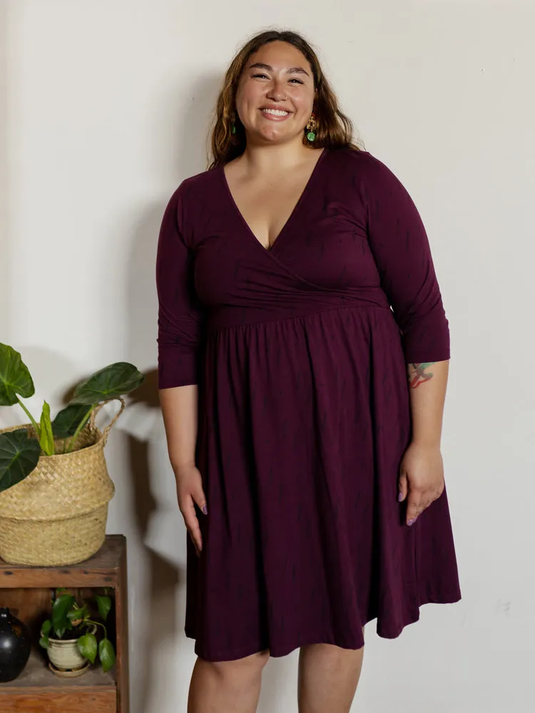 Callie 3/4 Sleeve Plus Size Wrap Dress - Diamond Vine Dark Purple sold by Mata Traders