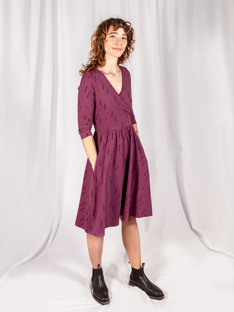 Callie 3/4 Sleeve Wrap Dress - Diamond Vine Dark Purple sold by Mata Traders product image thumbnail 5