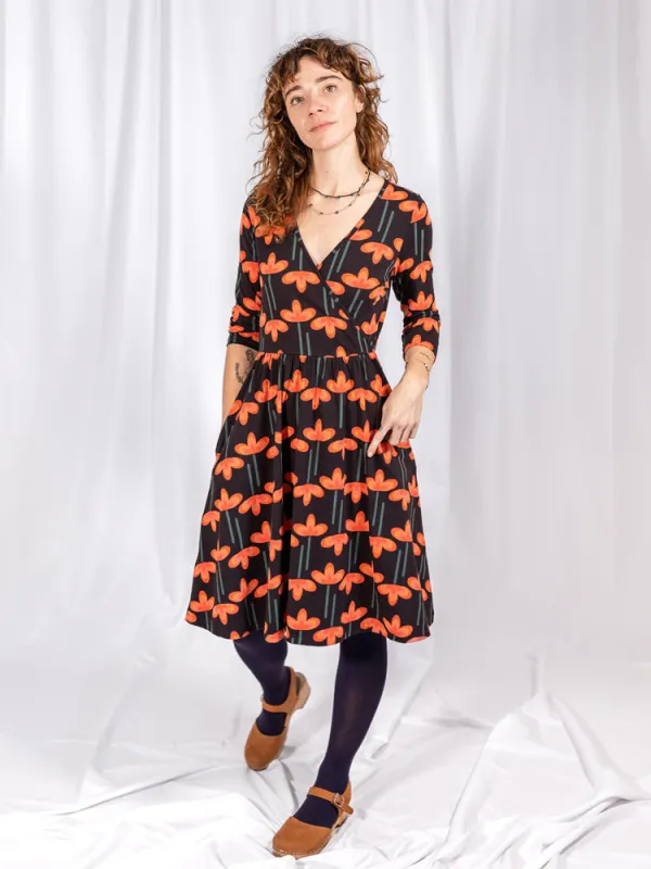 Callie 3/4 Sleeve Wrap Dress - Mod Daisy Poppy sold by Mata Traders