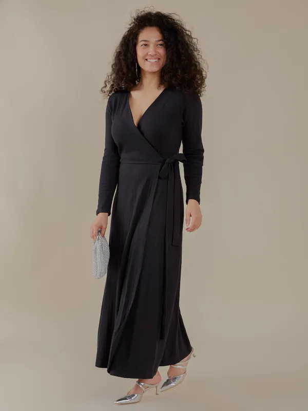 Katie Maxi Wrap Dress - Black Rib Knit sold by Mata Traders