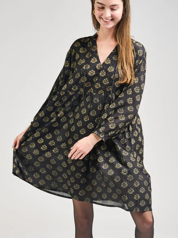 Sohla Mini Dress - Floral Stamp Black sold by Mata Traders