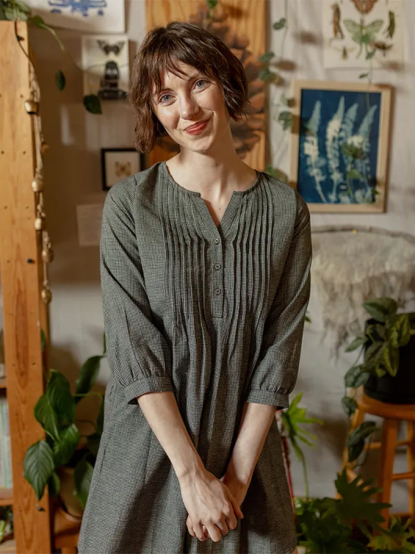 Vienna Pleated Dress - Woven Check Black sold by Mata Traders