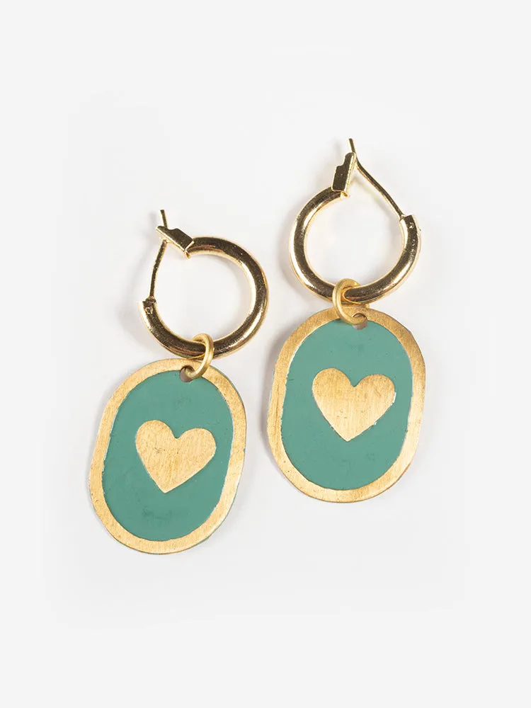 Enamel Heart Huggie Earrings - Sage sold by Mata Traders
