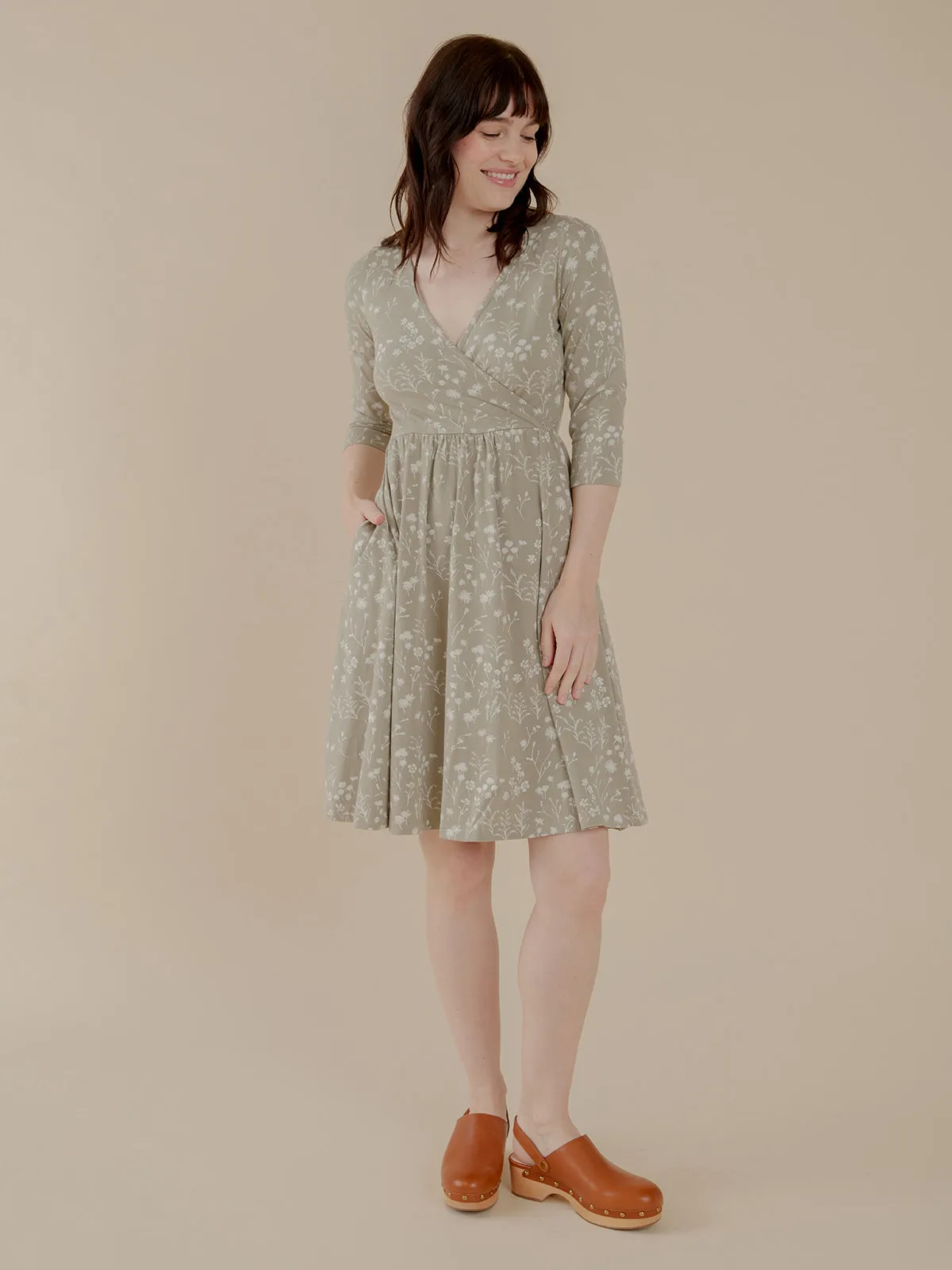 Callie 3/4 Sleeve Wrap Dress - Field Taupe sold by Mata Traders