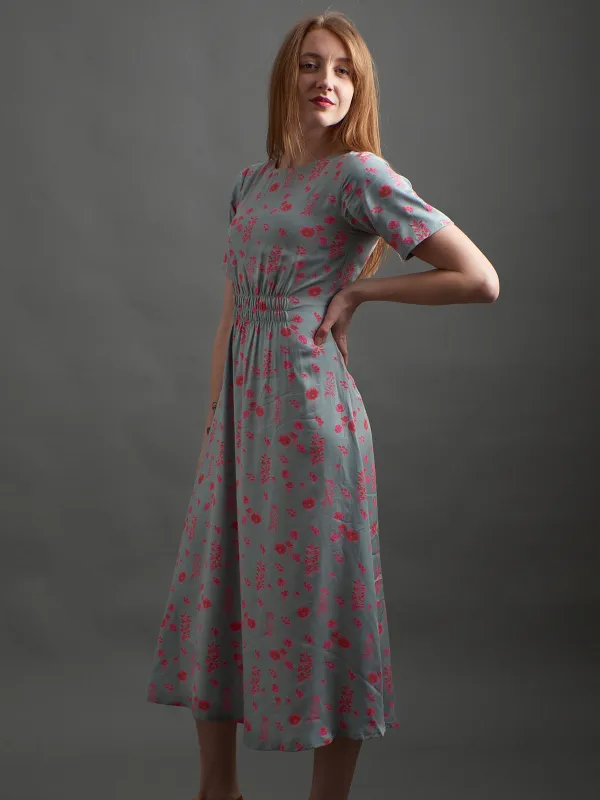 Artsy Traveler Short Sleeve Midi Dress - Botanical Slate sold by Mata Traders