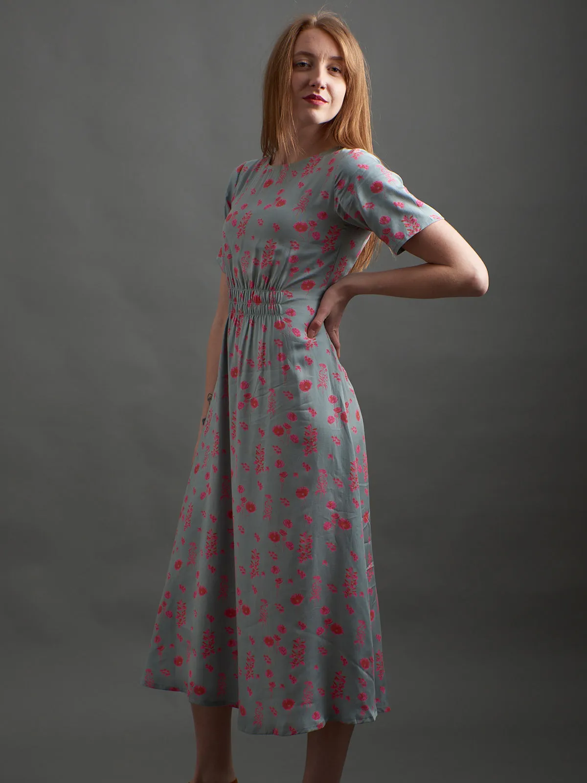 Artsy Traveler Short Sleeve Midi Dress - Botanical Slate sold by Mata Traders