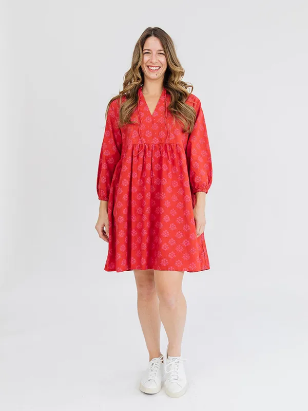 Sohla Mini Dress - Floral Stamp Red made by Mata Traders