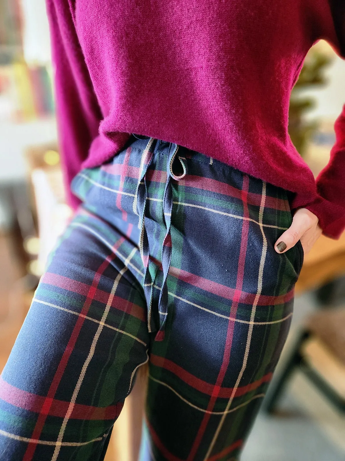 Emmy Drawstring Pant - Navy Berry Plaid sold by Mata Traders
