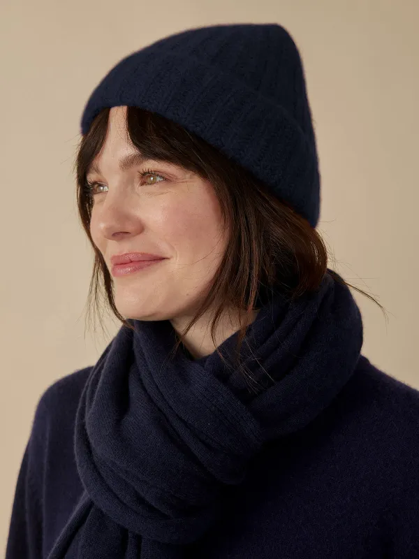 Cashmere Ribbed Beanie - Navy Cashmere made by Mata Traders
