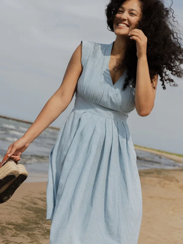 Lucille Dress - Blue Stripe Linen Cotton made by Mata Traders