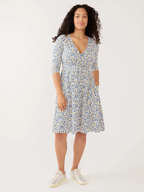 Callie 3/4 Sleeve Wrap Dress - Fern Beats Blue made by Mata Traders