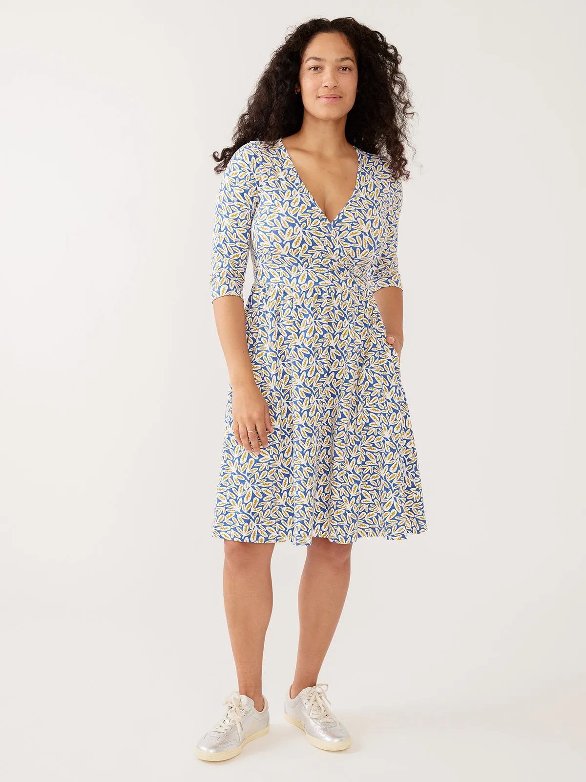 Callie 3/4 Sleeve Wrap Dress - Fern Beats Blue sold by Mata Traders