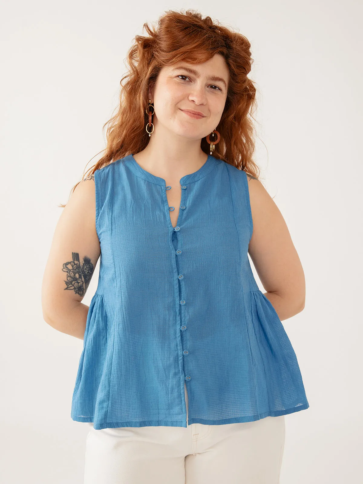 Chloe Top - Cerulean Textured Check sold by Mata Traders product image thumbnail 4