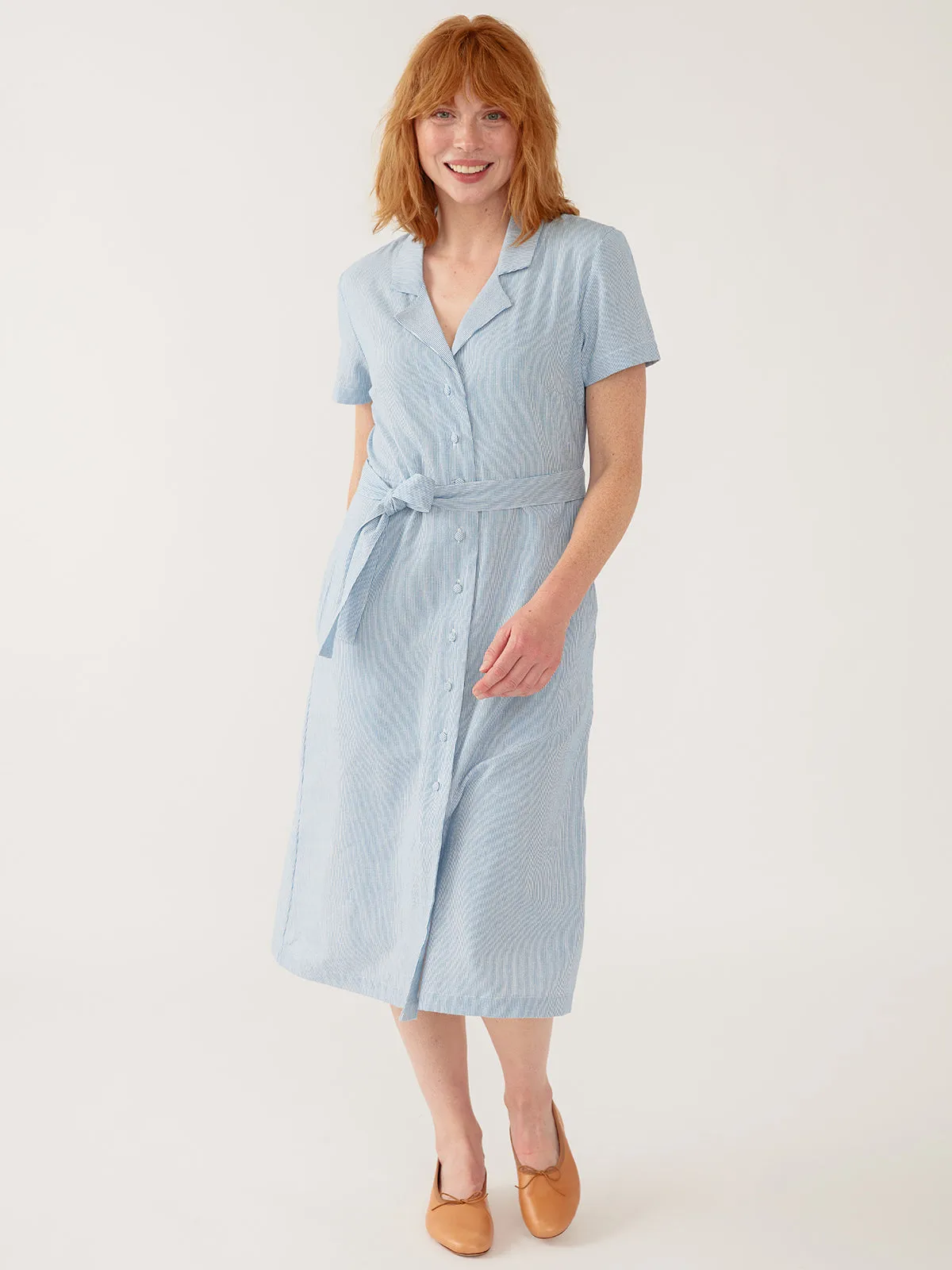 Charlie Dress - Blue Stripe Linen Cotton sold by Mata Traders