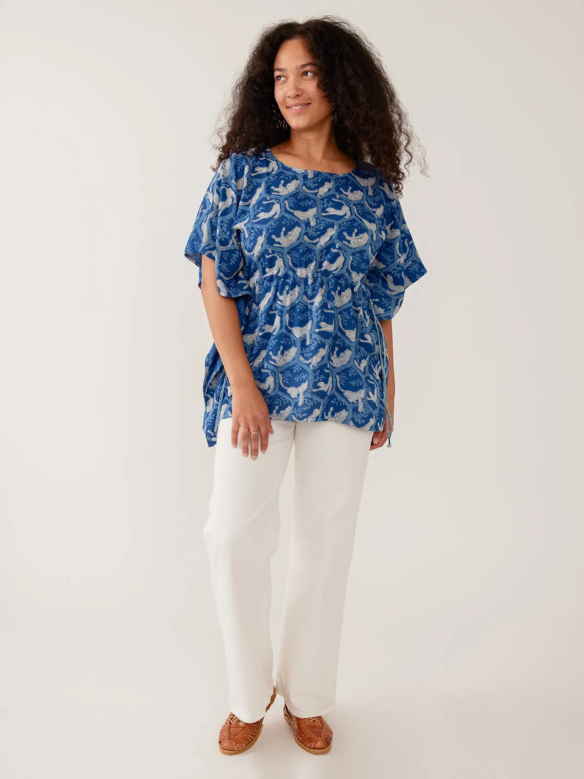 Darcey Kaftan Top - Indigo Tiger Nap Textured Dobby sold by Mata Traders