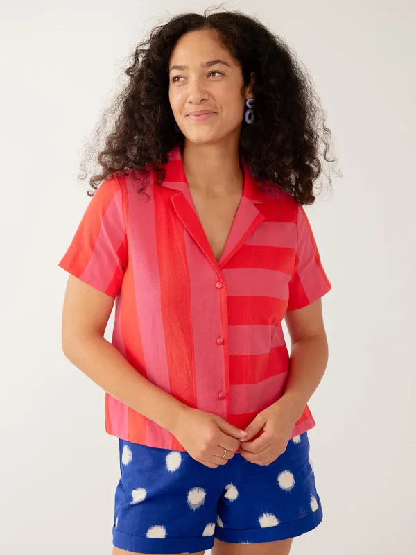 Camp Shirt - Pink Red Linen Cotton made by Mata Traders