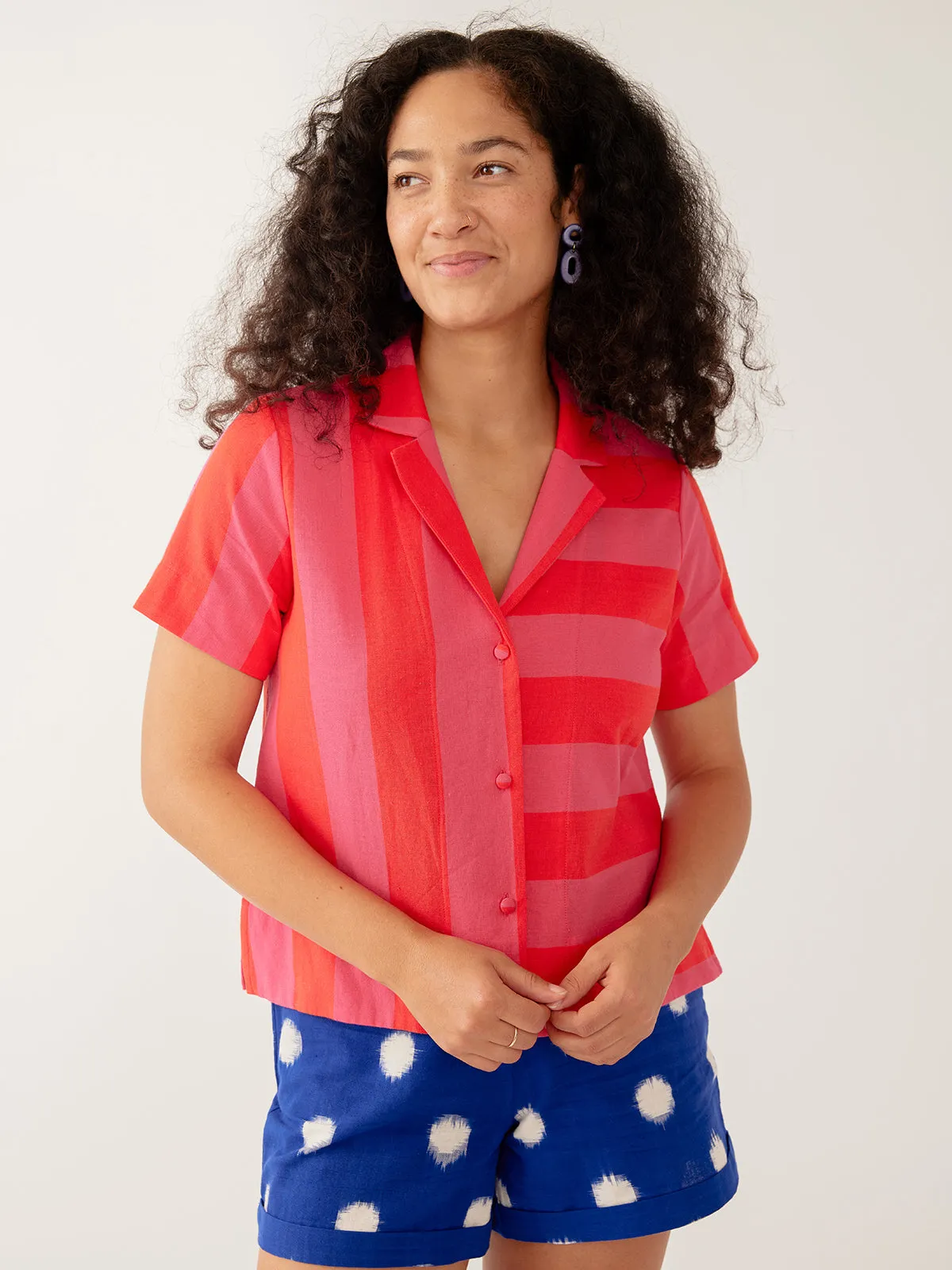 Camp Shirt - Pink Red Linen Cotton sold by Mata Traders