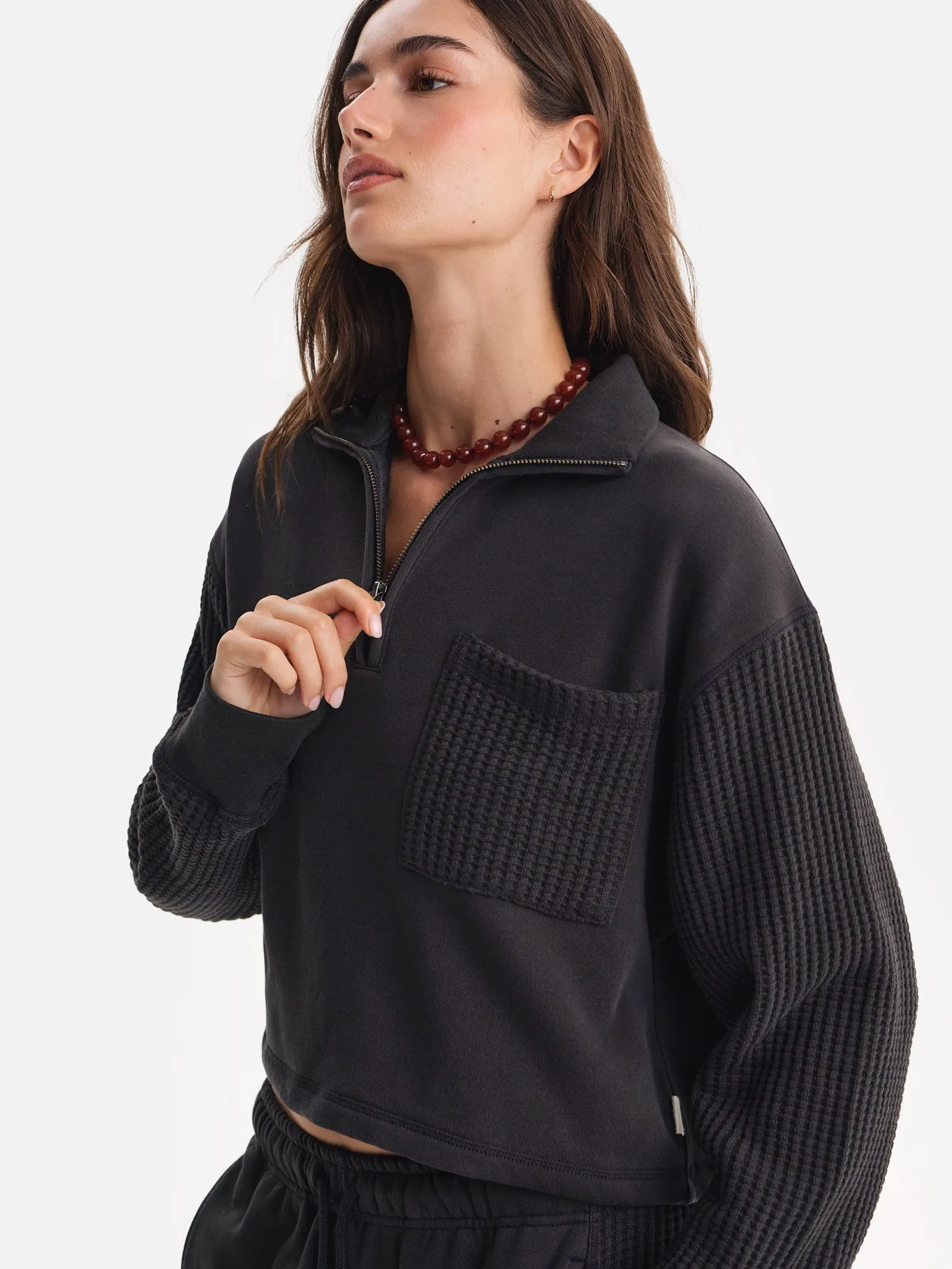 Organic Fleece and Waffle Cropped Half-Zip Sweatshirt sold by MATE the Label product image thumbnail 3
