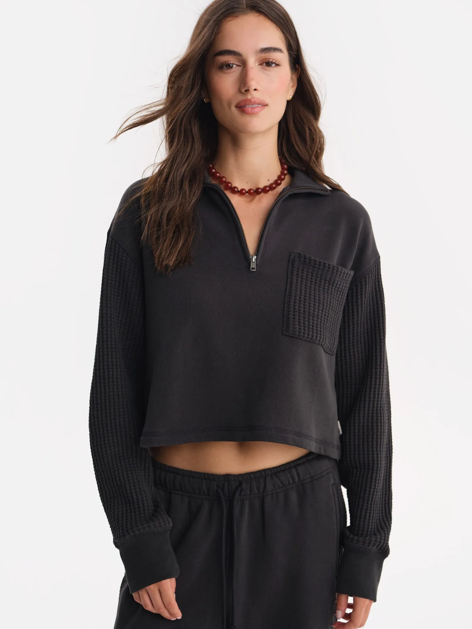 Organic Fleece and Waffle Cropped Half-Zip Sweatshirt sold by MATE the Label product image thumbnail 2