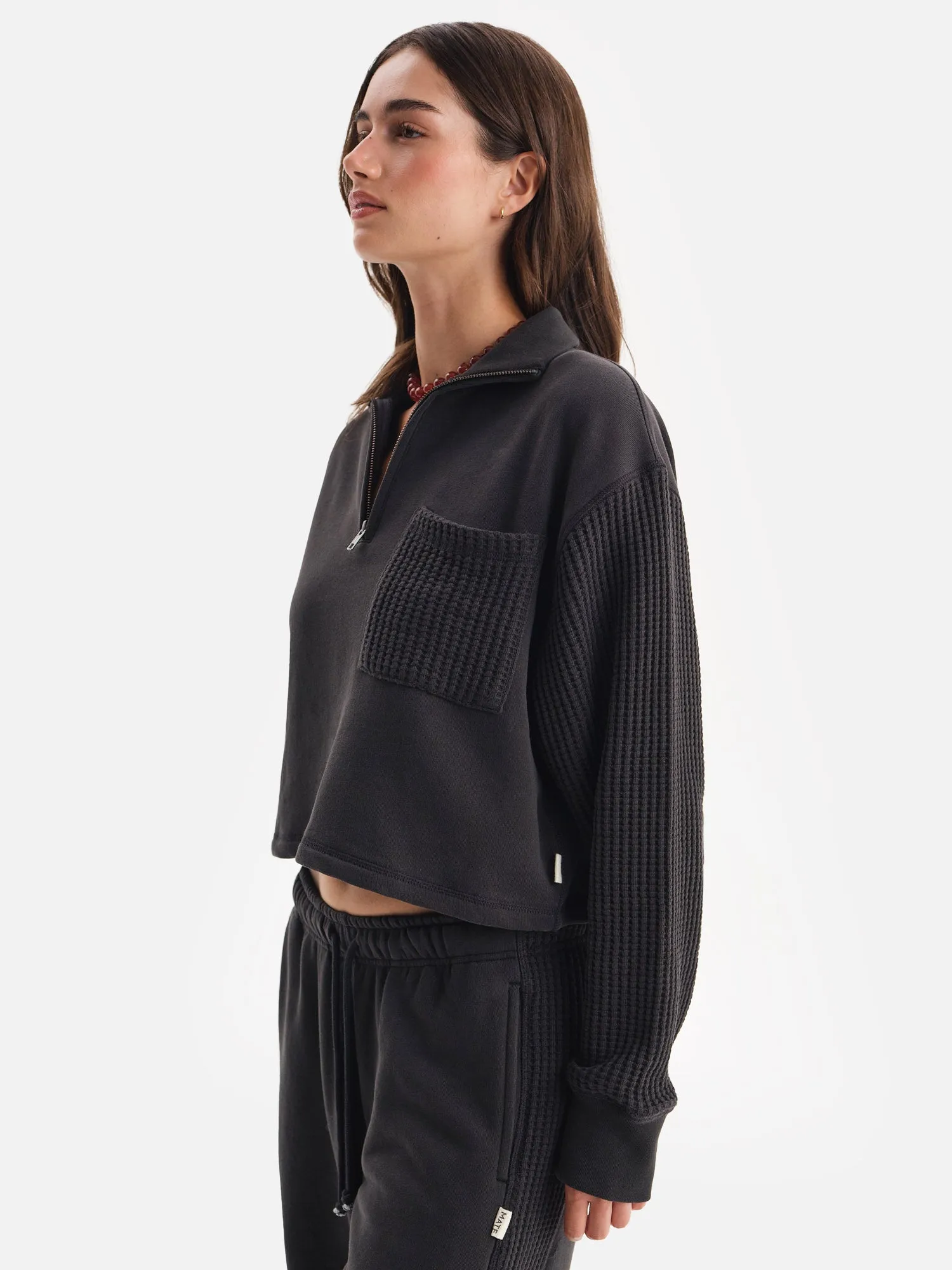 Organic Fleece and Waffle Cropped Half-Zip Sweatshirt sold by MATE the Label product image thumbnail 4