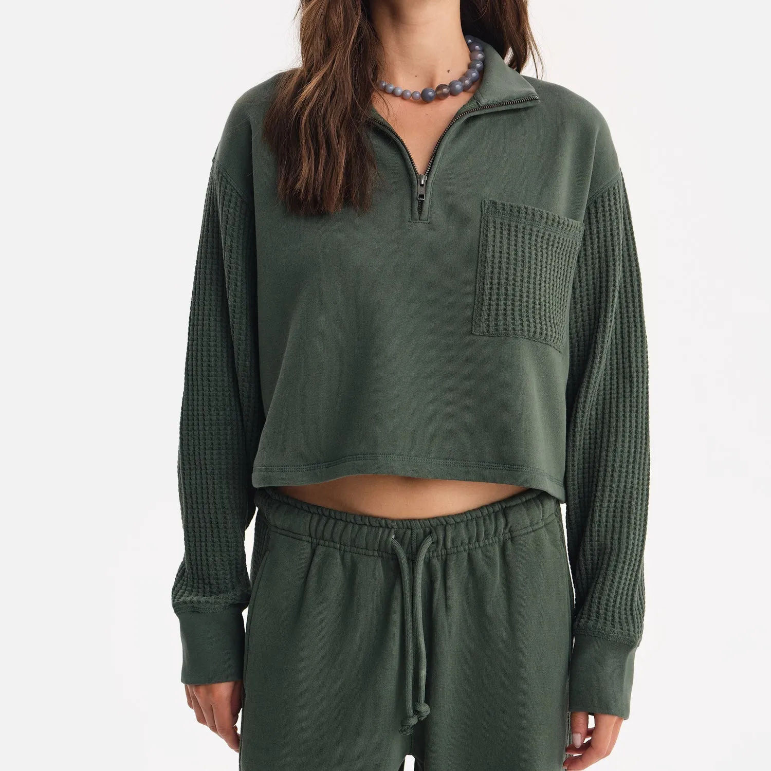 Organic Fleece and Waffle Cropped Half-Zip Sweatshirt sold by MATE the Label