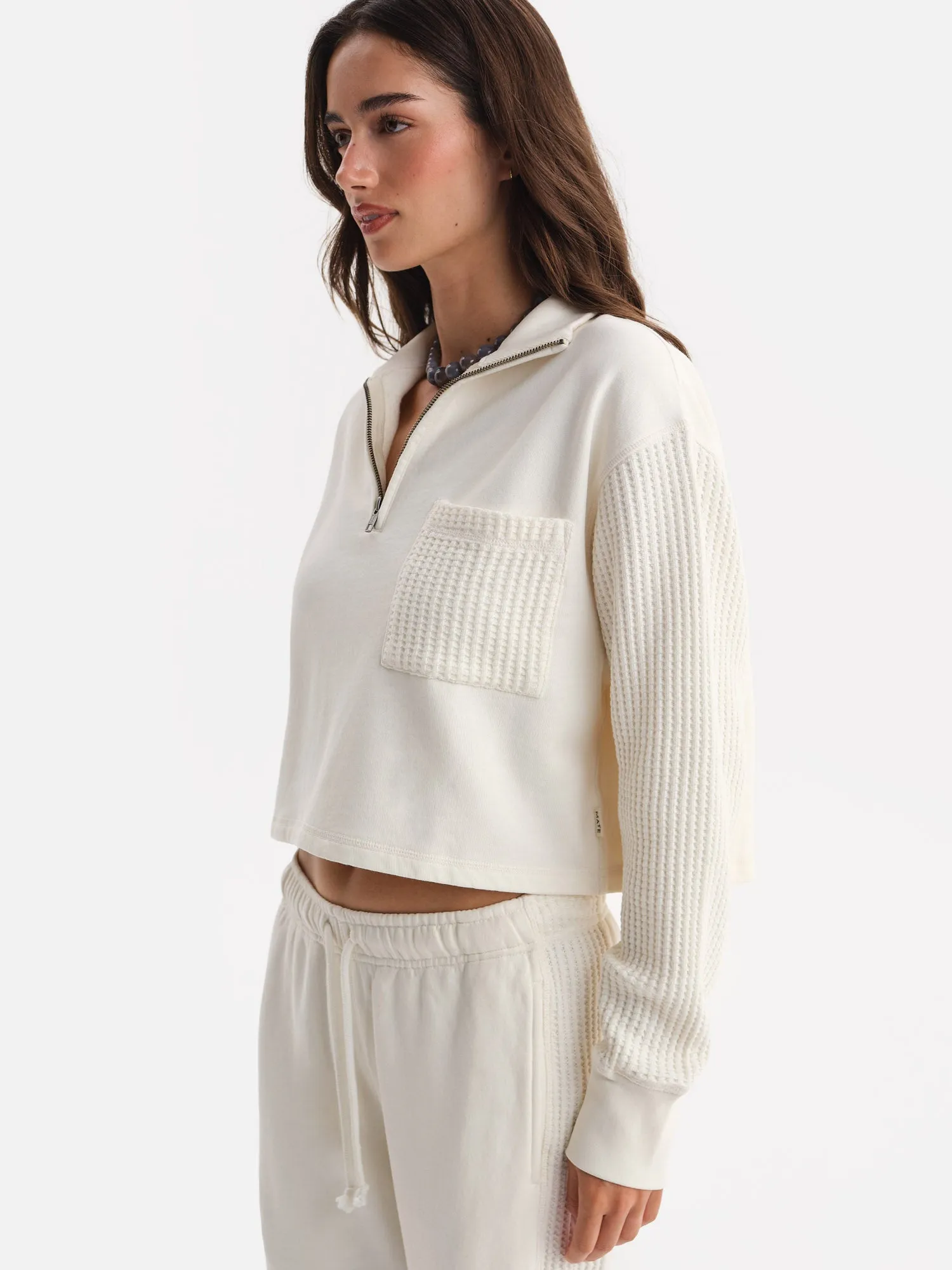 Organic Fleece and Waffle Cropped Half-Zip Sweatshirt sold by MATE the Label product image thumbnail 4
