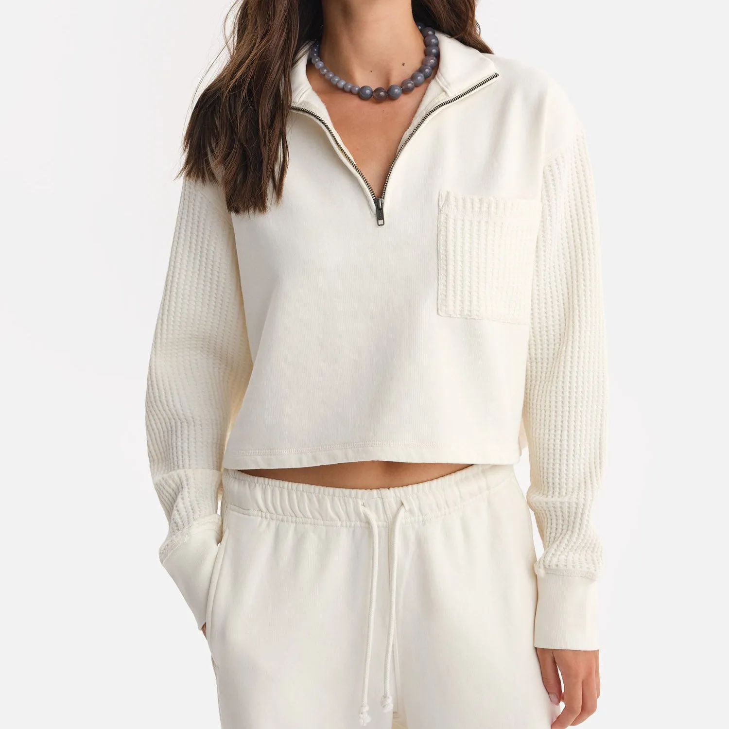 Organic Fleece and Waffle Cropped Half-Zip Sweatshirt sold by MATE the Label