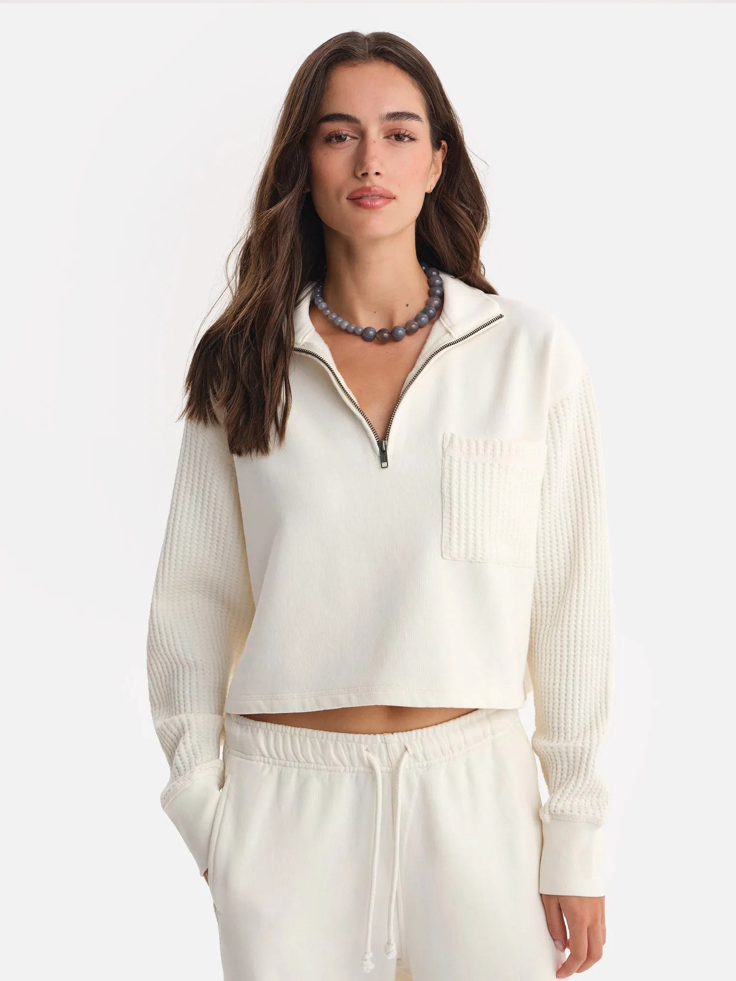 Organic Fleece and Waffle Cropped Half-Zip Sweatshirt sold by MATE the Label product image thumbnail 2