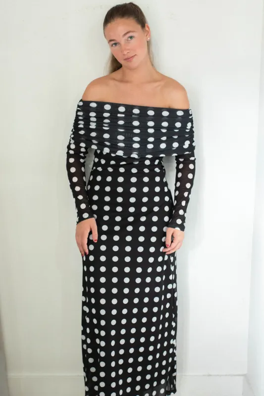 Mesh Polka Dot Maxi Dress - Black sold by Maude