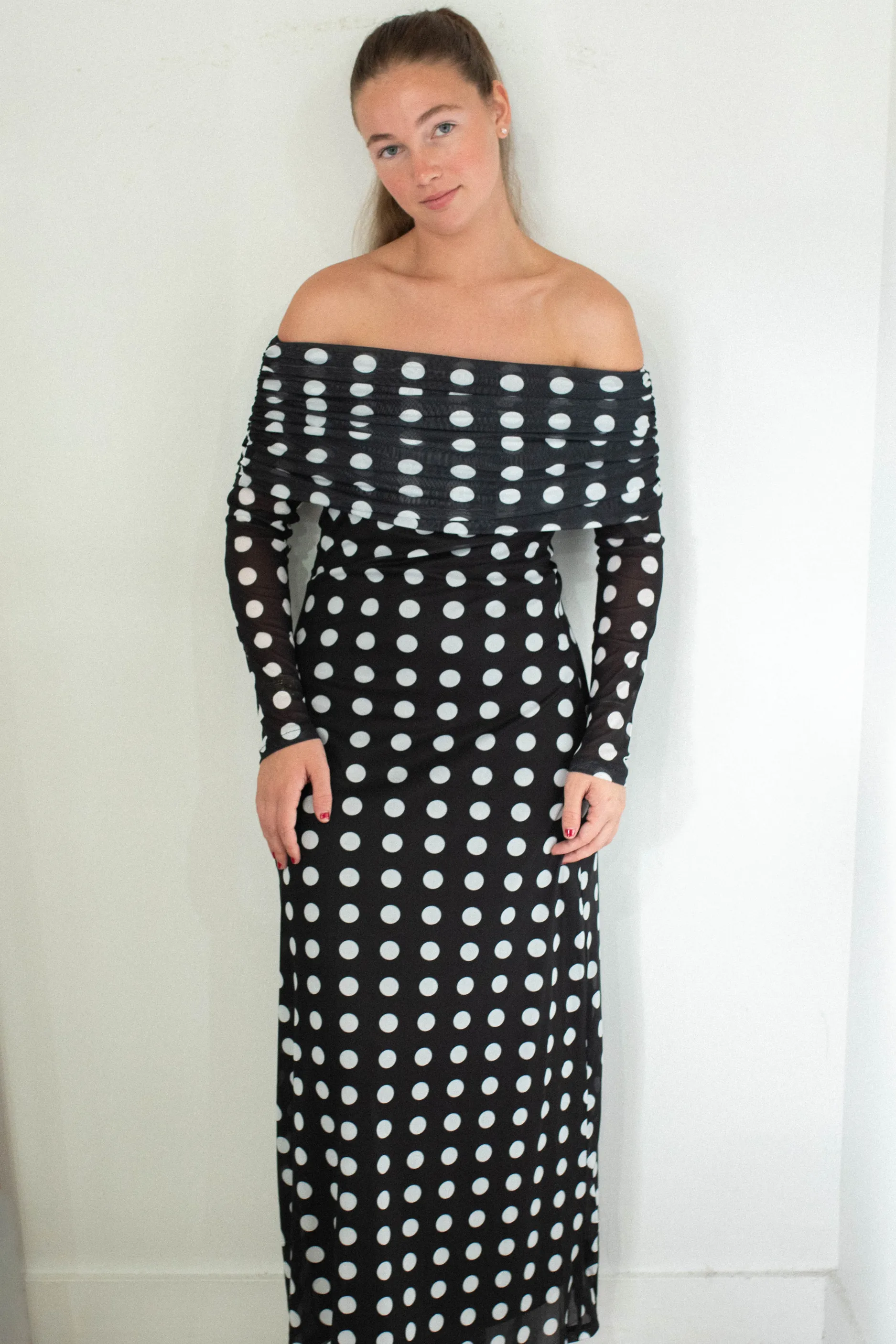 Mesh Polka Dot Maxi Dress - Black sold by Maude