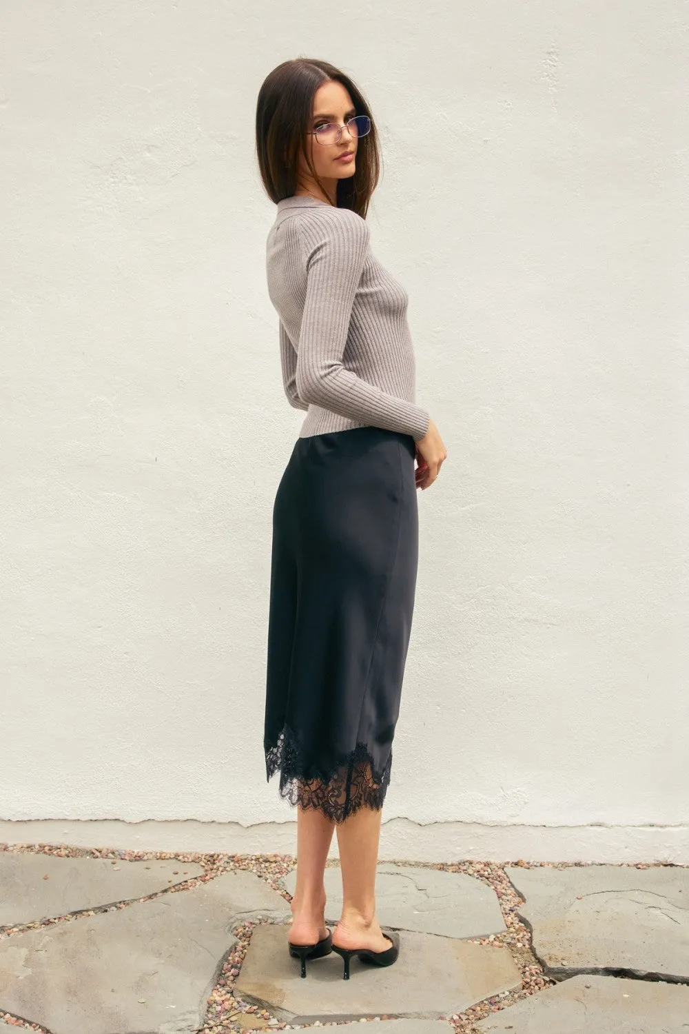 Satin Lace Midi Skirt - Black sold by Maude product image thumbnail 3