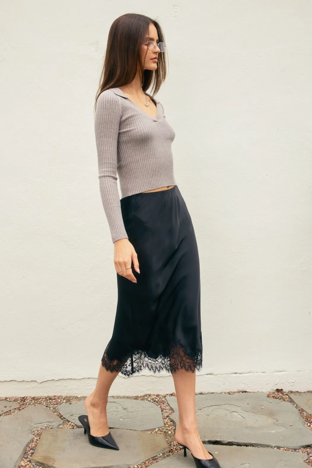 Satin Lace Midi Skirt - Black sold by Maude product image thumbnail 2