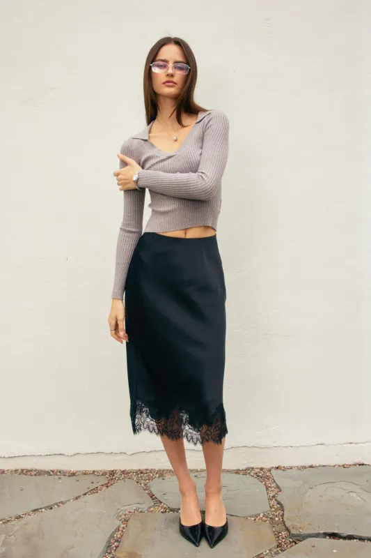 Satin Lace Midi Skirt - Black sold by Maude