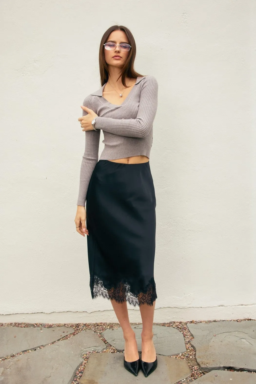 Satin Lace Midi Skirt - Black sold by Maude