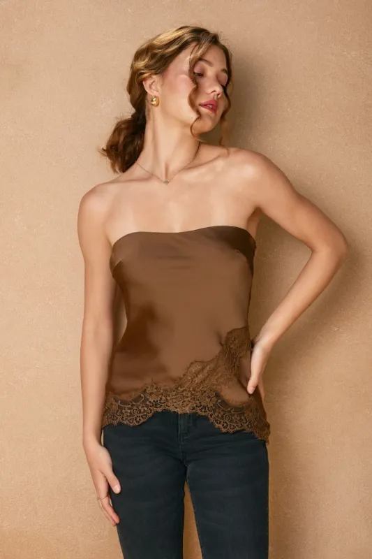 Satin Lace Tube Top - Mocha sold by Maude