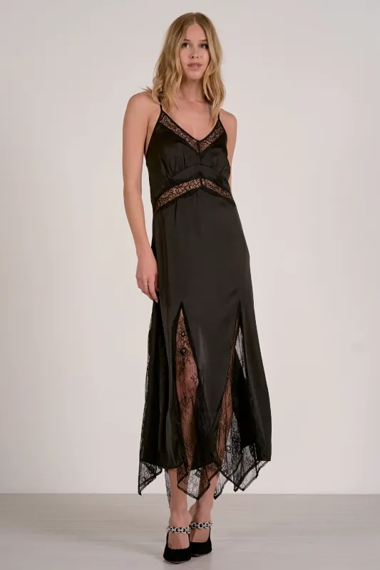 Satin Lace Slip Maxi Dress - Black sold by Maude