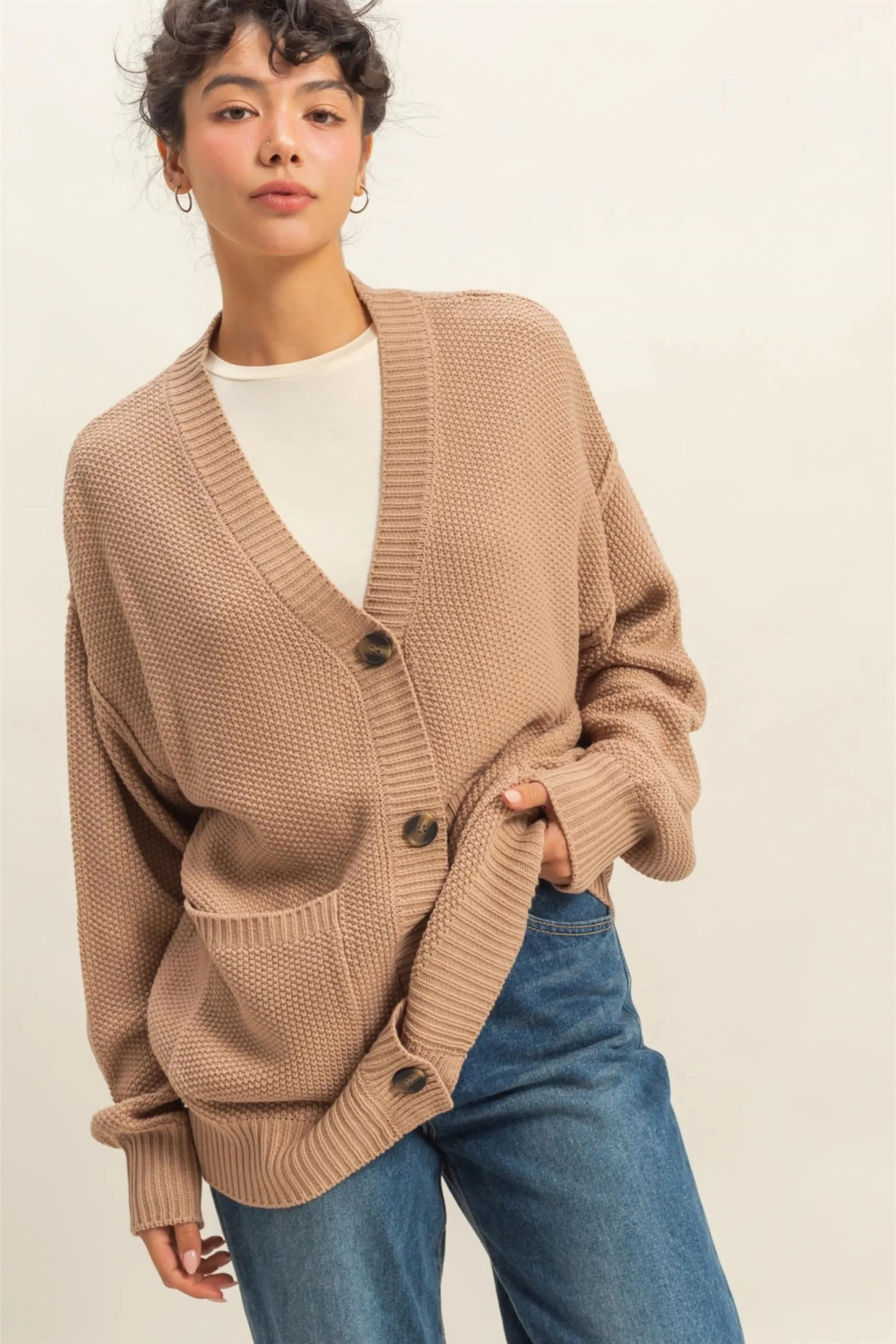 Button-Front Oversized Cardigan - Dark Taupe sold by Maude