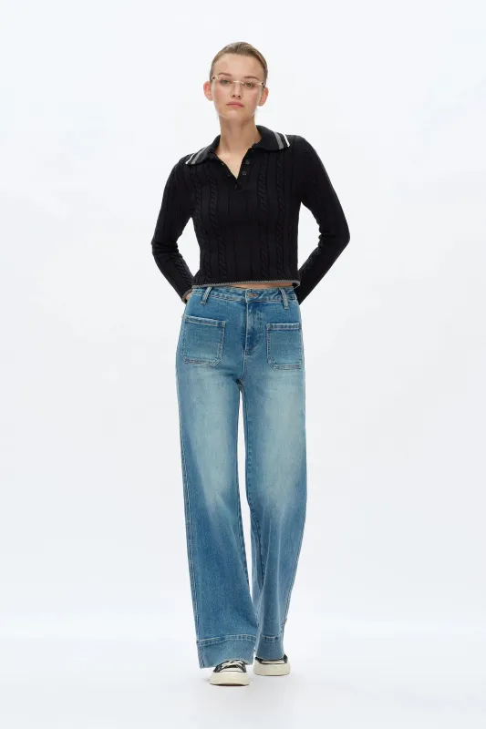 High Rise Wide Leg Jeans - Medium Blue sold by Maude