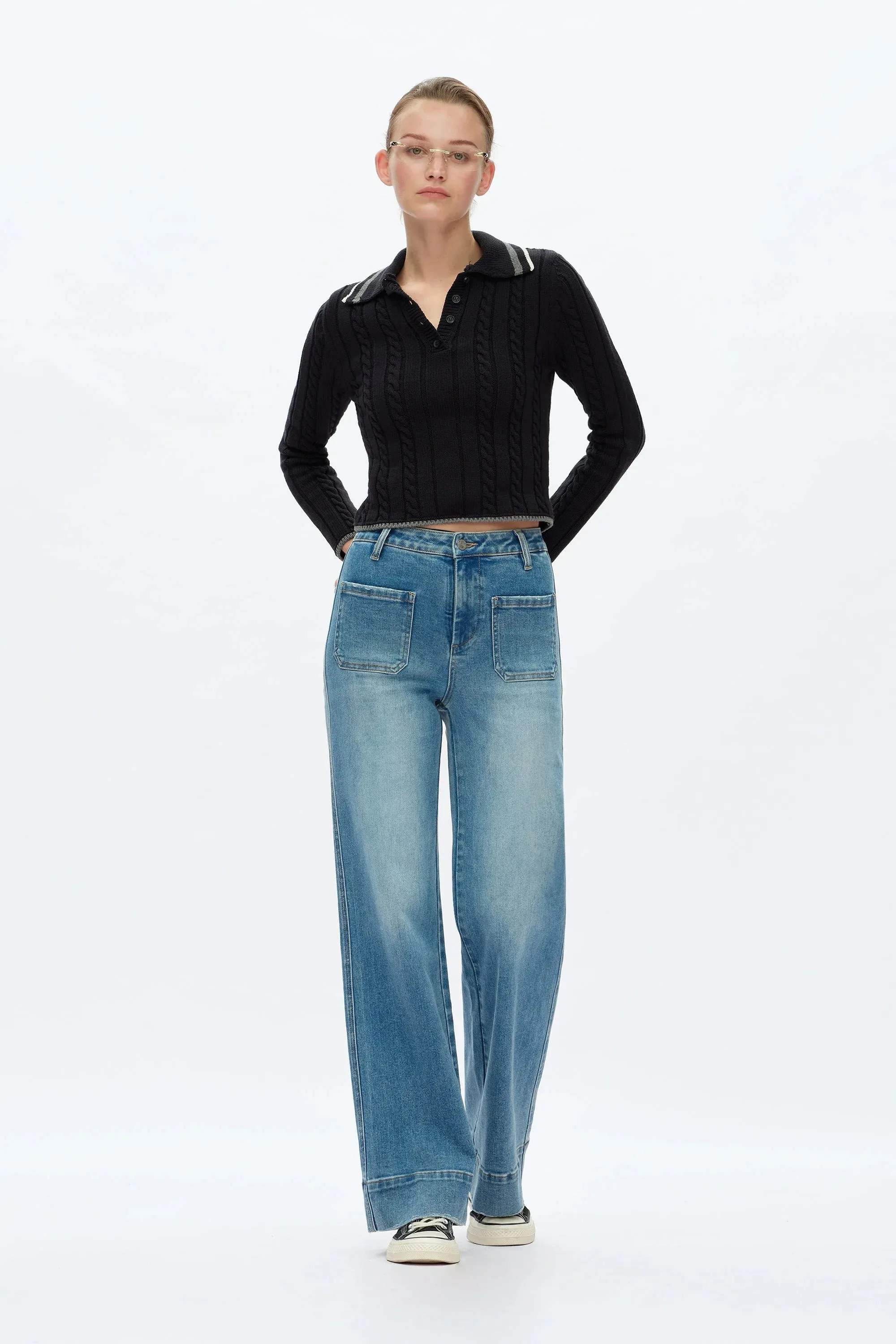 High Rise Wide Leg Jeans - Medium Blue sold by Maude