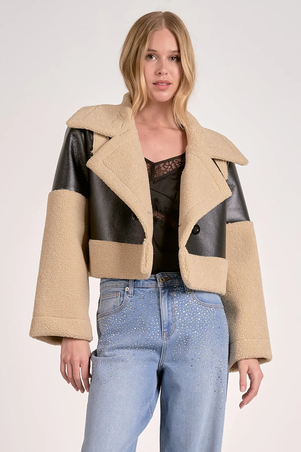 Cropped Leather Sherpa Jacket sold by Maude