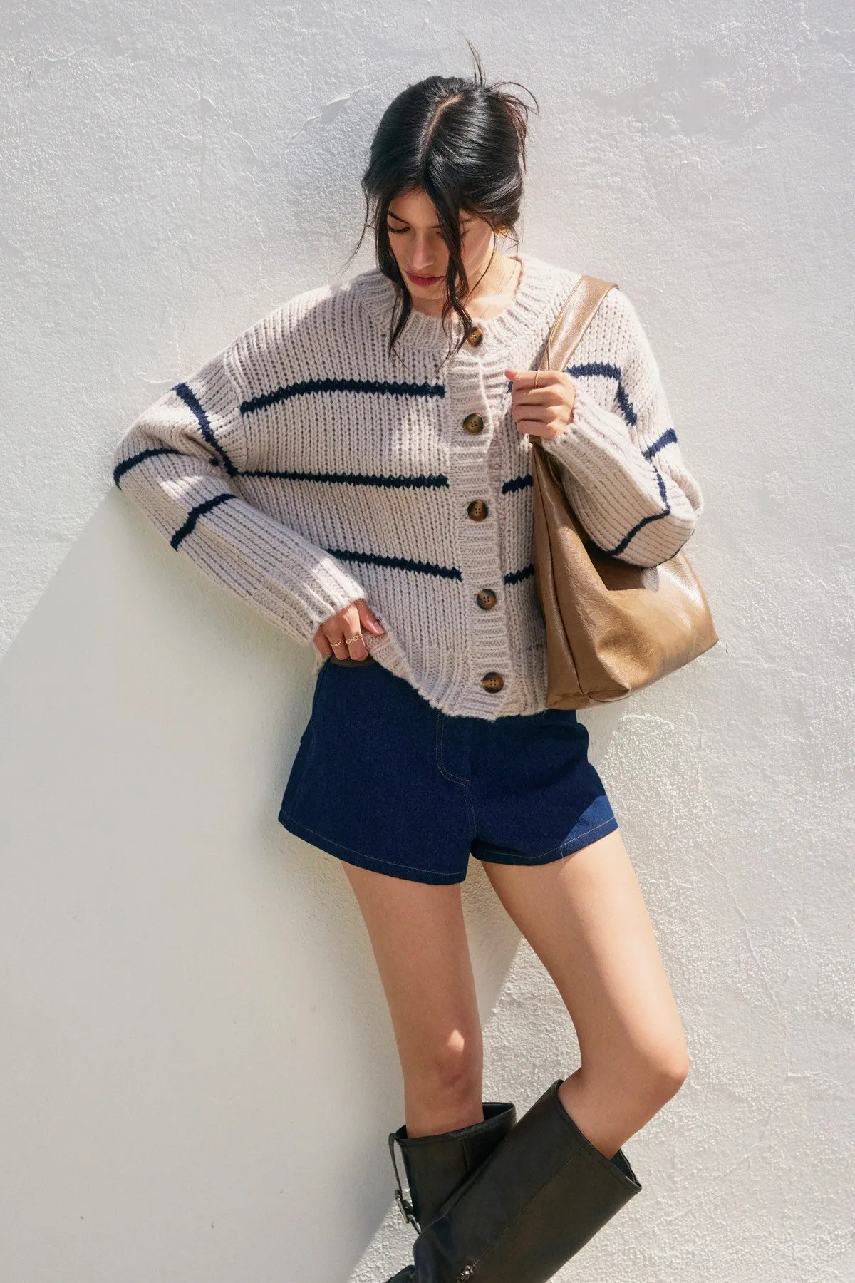 Striped Button Down Cardigan - Seashell sold by Maude