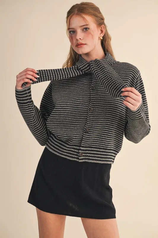 Striped Scarf Neck Cardigan - Black sold by Maude