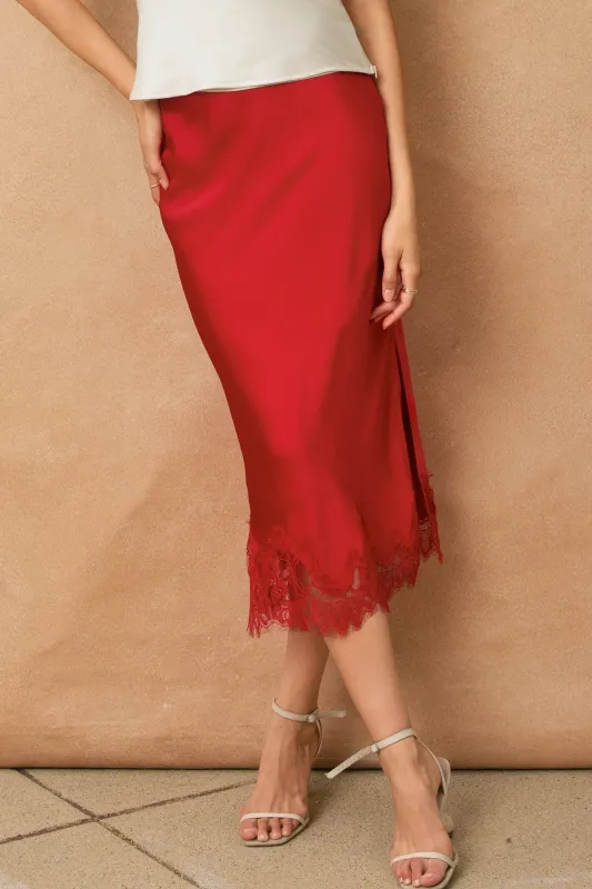 Satin Lace Midi Skirt - Red sold by Maude
